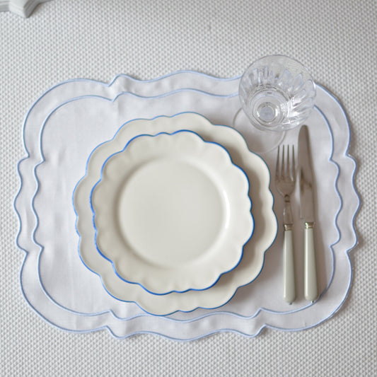 White cotton table mat with blue piping set of two