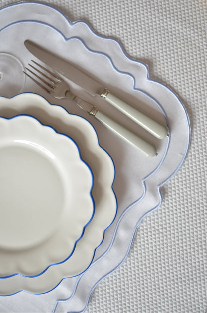 White cotton table mat with blue piping set of two