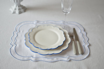 White cotton table mat with blue piping set of two
