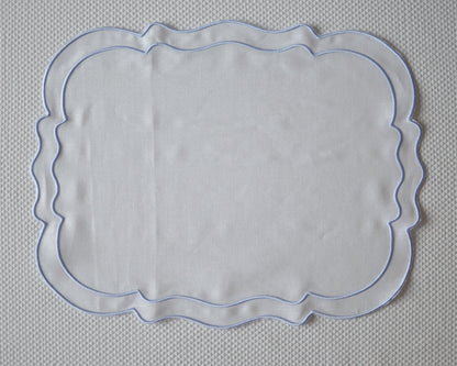 White cotton table mat with blue piping set of two